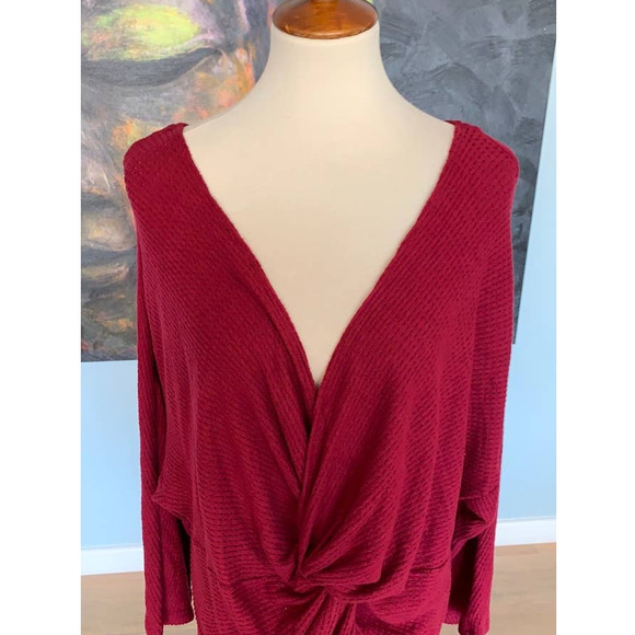 NWOT 1.State Maroon waffle knit v-neck low cut blouse drape style long sleeve XL - Picture 2 of 5